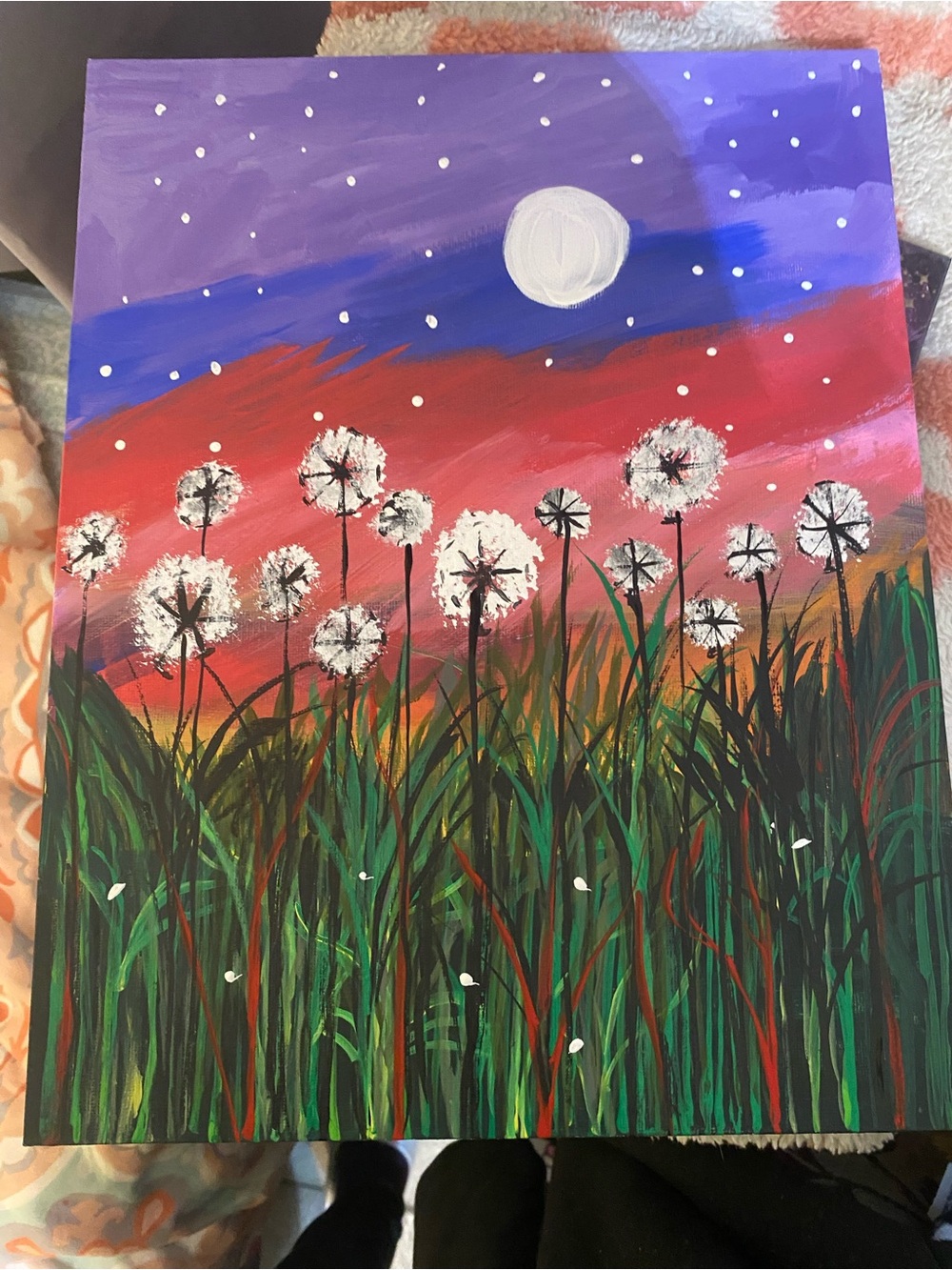 Original Dandelion Field Wall Art Painting - Purple & Red Sky